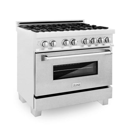 ZLINE 36 in. Kitchen Package with Satin Stainless Steel Dual Fuel Range and Convertible Vent Range Hood (2KP-RASSNRH36)