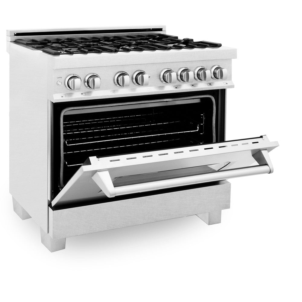 ZLINE 36 in. Kitchen Package with Satin Stainless Dual Fuel Range, Ducted Vent Range Hood and Tall Tub Dishwasher (3KP-RASRH36-DWV)