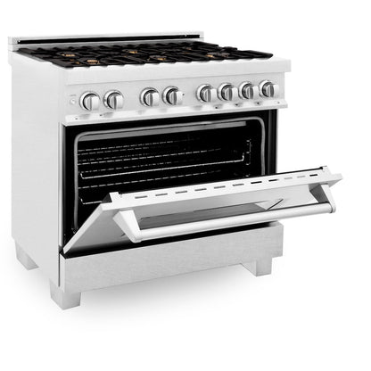 ZLINE 36 in. 4.6 cu. ft. Legacy Dual Fuel Range with Gas Cooktop and Electric Convection Oven in Satin Stainless Steel with 6 Brass Burners (RAS-SN-BR-36)