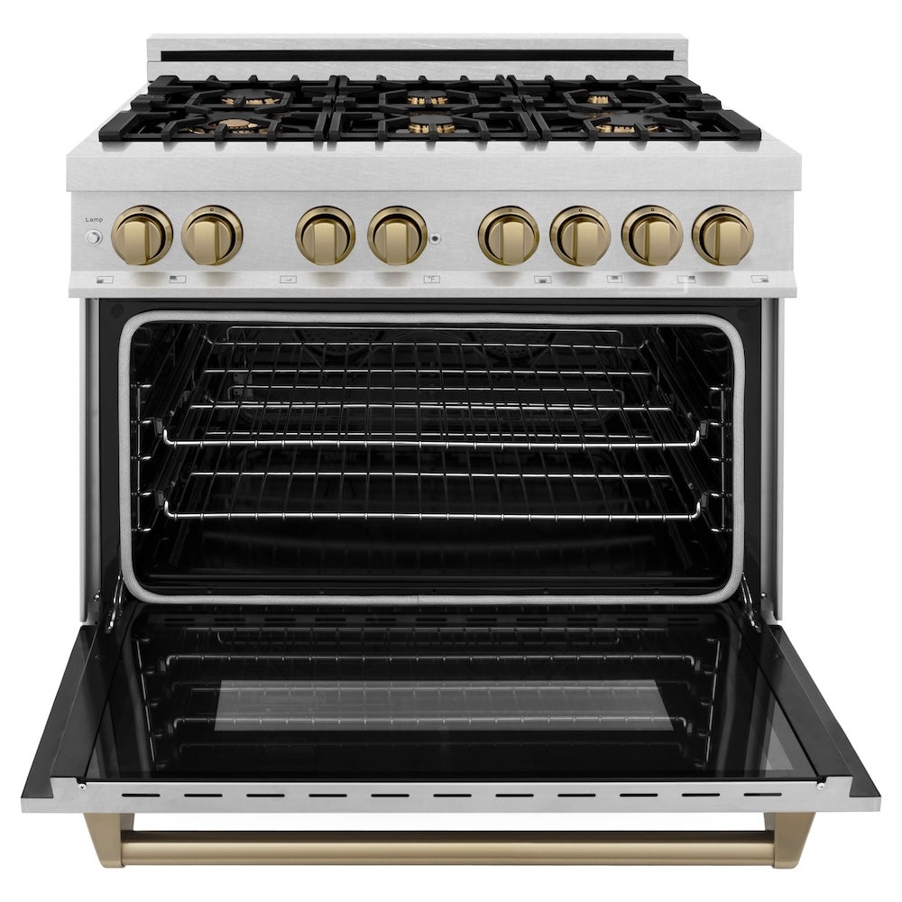 ZLINE Autograph Edition 36 in. 4.6 cu. ft. Legacy Dual Fuel Range with 6 Burner Gas Cooktop and Electric Convection Oven in Satin Stainless Steel and Champagne Bronze Accents (RASZ-SN-36-CB)