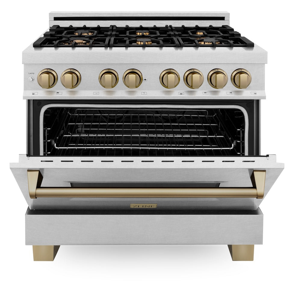 ZLINE Autograph Edition 36 in. 4.6 cu. ft. Legacy Dual Fuel Range with 6 Burner Gas Cooktop and Electric Convection Oven in Satin Stainless Steel and Champagne Bronze Accents (RASZ-SN-36-CB)
