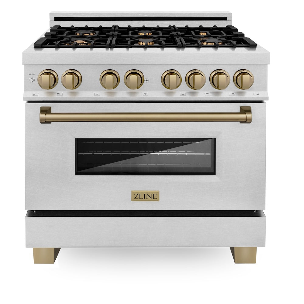 ZLINE Autograph Edition 36 in. 4.6 cu. ft. Legacy Dual Fuel Range with 6 Burner Gas Cooktop and Electric Convection Oven in Satin Stainless Steel and Champagne Bronze Accents (RASZ-SN-36-CB)