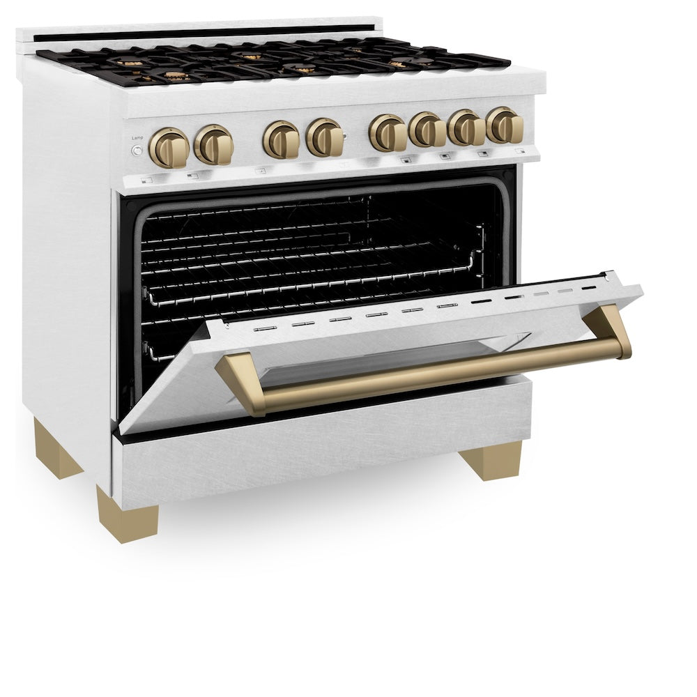 ZLINE Autograph Edition 36 in. 4.6 cu. ft. Legacy Dual Fuel Range with 6 Burner Gas Cooktop and Electric Convection Oven in Satin Stainless Steel and Champagne Bronze Accents (RASZ-SN-36-CB)