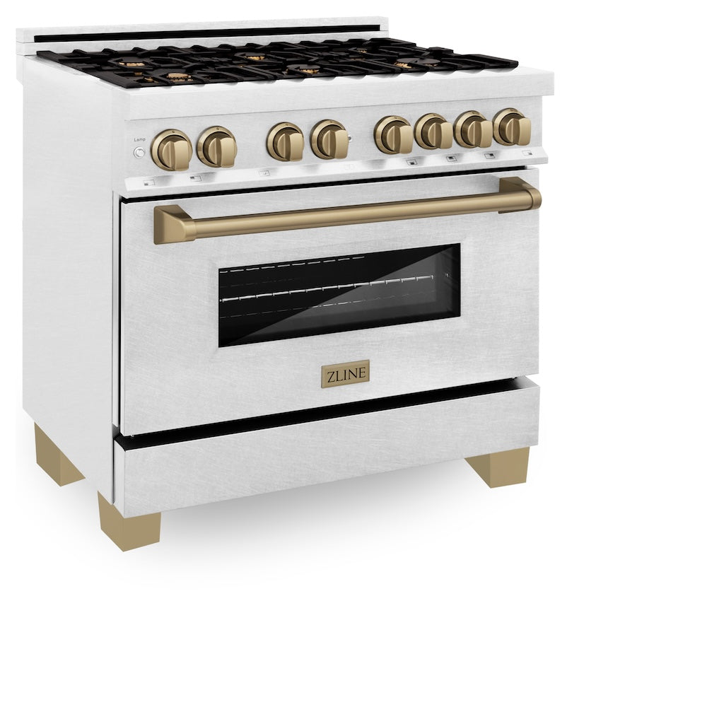 ZLINE Autograph Edition 36 in. 4.6 cu. ft. Legacy Dual Fuel Range with 6 Burner Gas Cooktop and Electric Convection Oven in Satin Stainless Steel and Champagne Bronze Accents (RASZ-SN-36-CB)