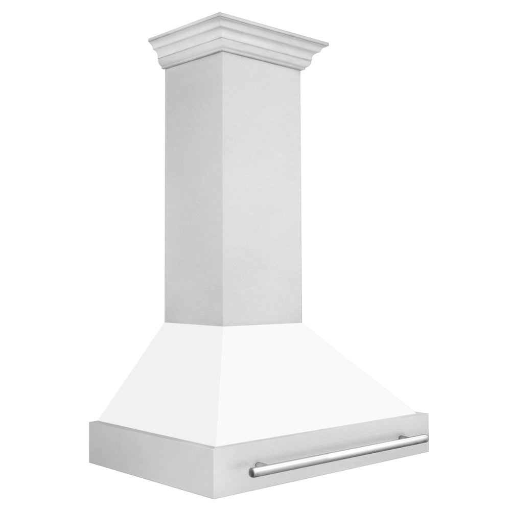 ZLINE 36 in. Satin Stainless Steel Wall Mount Range Hood with White Matte Shell and Stainless Steel Handle (8654SNX-WM-36)