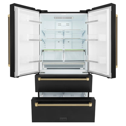 ZLINE Autograph Edition 36 in. 22.5 cu. ft. Counter-Depth French Door Refrigerator with Ice Maker in Fingerprint-Resistant Black Stainless Steel and Champagne Bronze Helix Handles (RFMZ-36-BS-KCB)