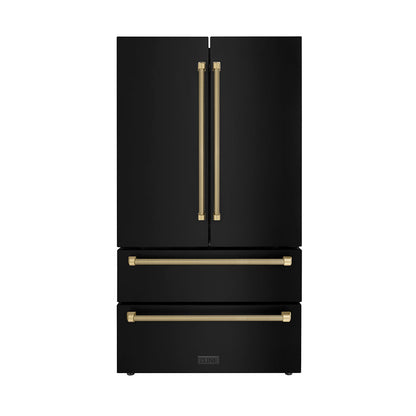 ZLINE Autograph Edition 36 in. 22.5 cu. ft. Counter-Depth French Door Refrigerator with Ice Maker in Fingerprint-Resistant Black Stainless Steel and Champagne Bronze Helix Handles (RFMZ-36-BS-KCB)