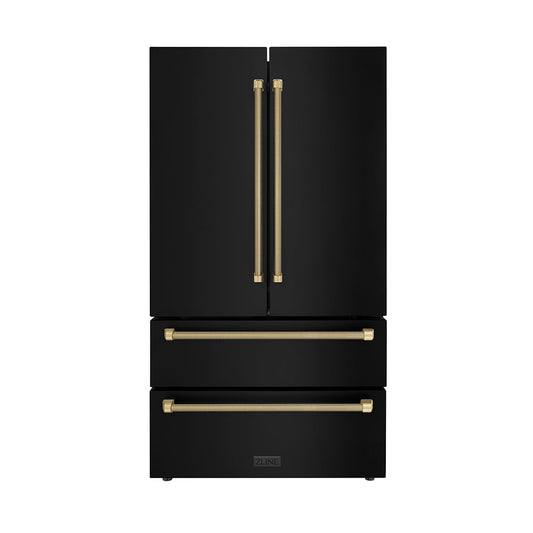 ZLINE Autograph Edition 36 in. 22.5 cu. ft. Counter-Depth French Door Refrigerator with Ice Maker in Fingerprint-Resistant Black Stainless Steel and Champagne Bronze Helix Handles (RFMZ-36-BS-KCB)