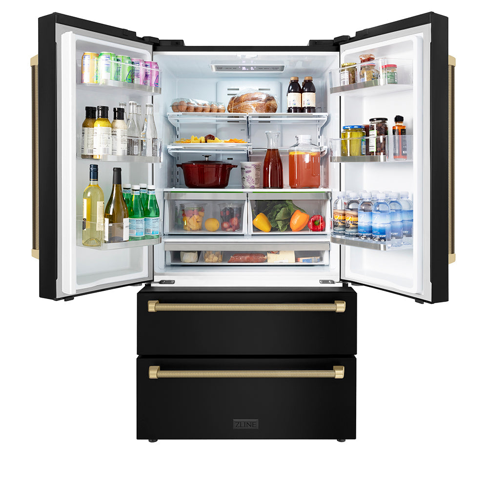 ZLINE Autograph Edition 36 in. 22.5 cu. ft. Counter-Depth French Door Refrigerator with Ice Maker in Fingerprint-Resistant Black Stainless Steel and Champagne Bronze Helix Handles (RFMZ-36-BS-KCB)