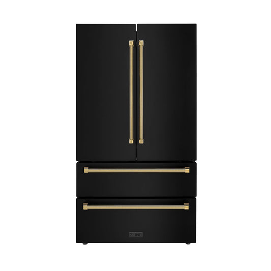 ZLINE Autograph Edition 36 in. 22.5 cu. ft. Counter-Depth French Door Refrigerator with Ice Maker in Fingerprint-Resistant Black Stainless Steel and Polished Gold Helix Handles (RFMZ-36-BS-KG)