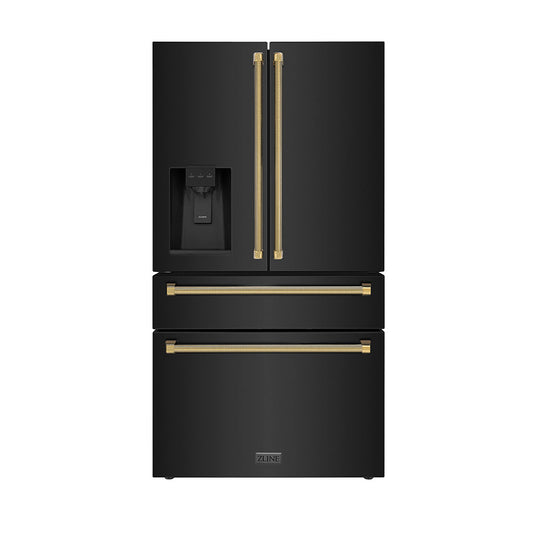ZLINE Autograph Edition 36 in. 21.6 cu. ft. Counter-Depth French Door Refrigerator with Water and Ice Dispenser in Fingerprint-Resistant Black Stainless Steel with Polished Gold Helix Handles (RFMZ-W-36-BS-KG)