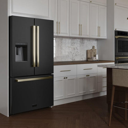 ZLINE Autograph Edition 36 in. 28.9 cu. ft. Standard-Depth French Door External Water Dispenser Refrigerator with Dual Ice Maker in Fingerprint-Resistant Black Stainless Steel and Champagne Bronze Modern Handles (RSMZ-W36-BS-FCB)