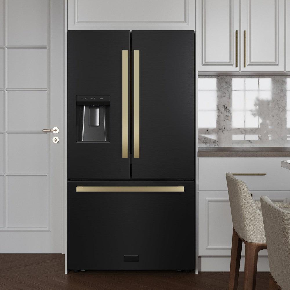 ZLINE Autograph Edition 36 in. 28.9 cu. ft. Standard-Depth French Door External Water Dispenser Refrigerator with Dual Ice Maker in Fingerprint-Resistant Black Stainless Steel and Champagne Bronze Modern Handles (RSMZ-W36-BS-FCB)