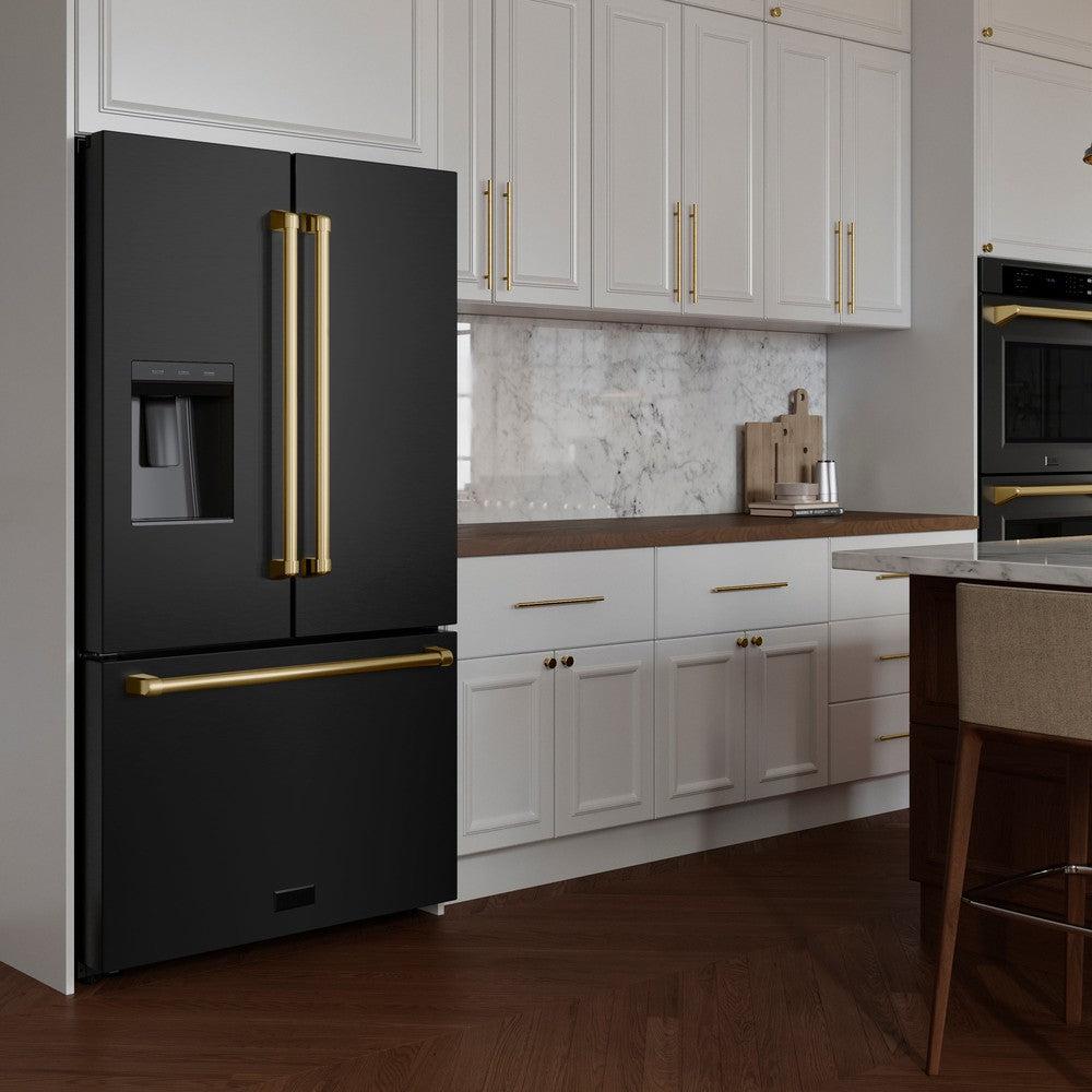 ZLINE Autograph Edition 36 in. 28.9 cu. ft. Standard-Depth French Door External Water Dispenser Refrigerator with Dual Ice Maker in Fingerprint-Resistant Black Stainless Steel and Polished Gold Traditional Handles (RSMZ-W-36-BS-G)