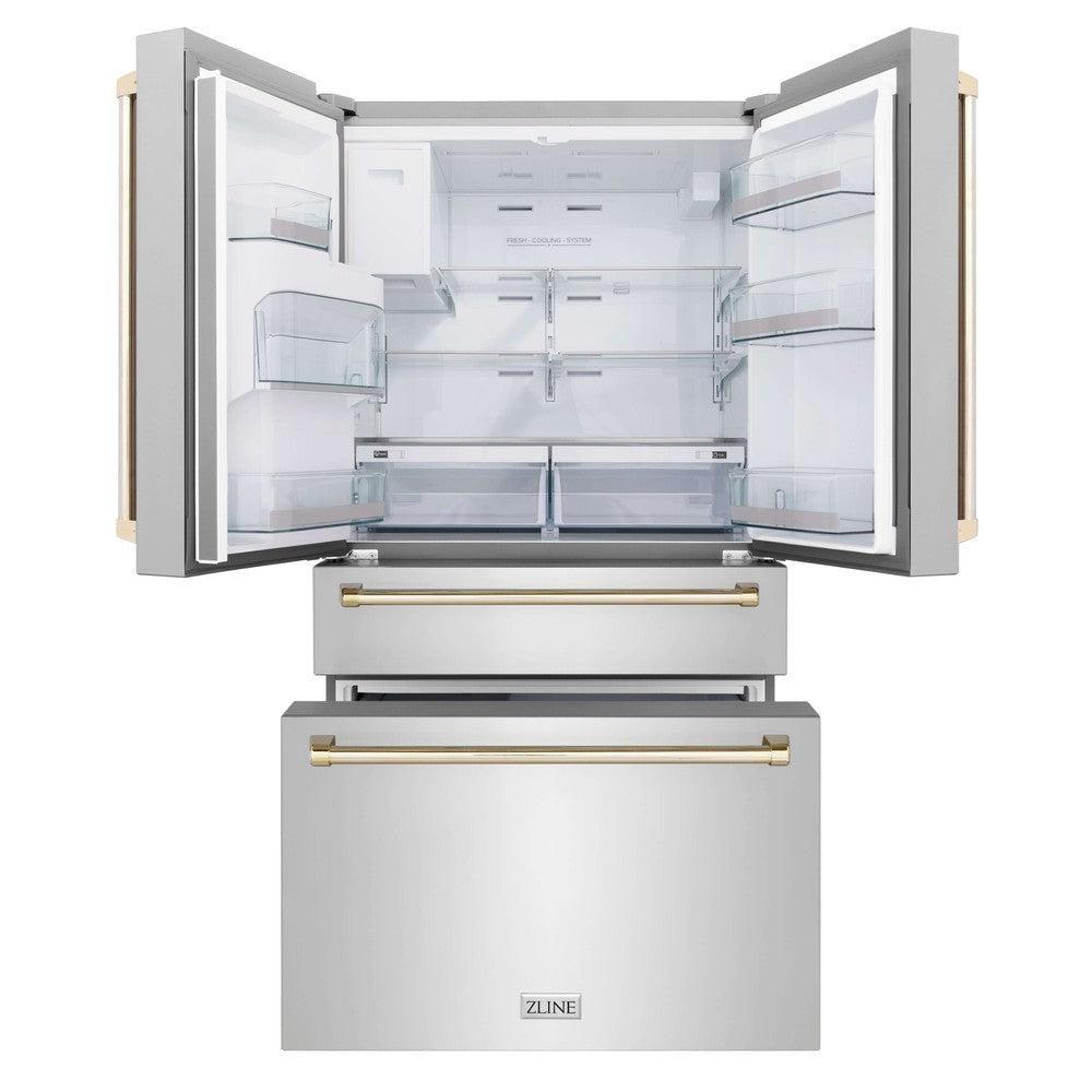 ZLINE Autograph Edition 48 in. Kitchen Package with Stainless Steel Dual Fuel Range, Range Hood, Dishwasher and Refrigerator Including External Water Dispenser with Polished Gold Accents (4AKPR-RARHDWM48-G)