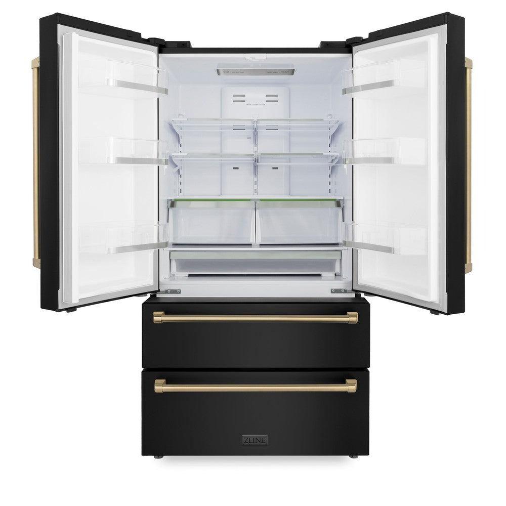 ZLINE Autograph Edition 36 in. Kitchen Package with Black Stainless Steel Dual Fuel Range, Range Hood, Dishwasher and Refrigerator Including Internal Water Dispenser with Champagne Bronze Accents (4AKPR-RABRHDWV36-CB)