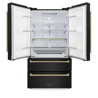 ZLINE Autograph Edition 36 in. Kitchen Package with Black Stainless Steel Dual Fuel Range, Range Hood, Dishwasher and Refrigerator Including Internal Water Dispenser with Champagne Bronze Accents (4AKPR-RABRHDWV36-CB)
