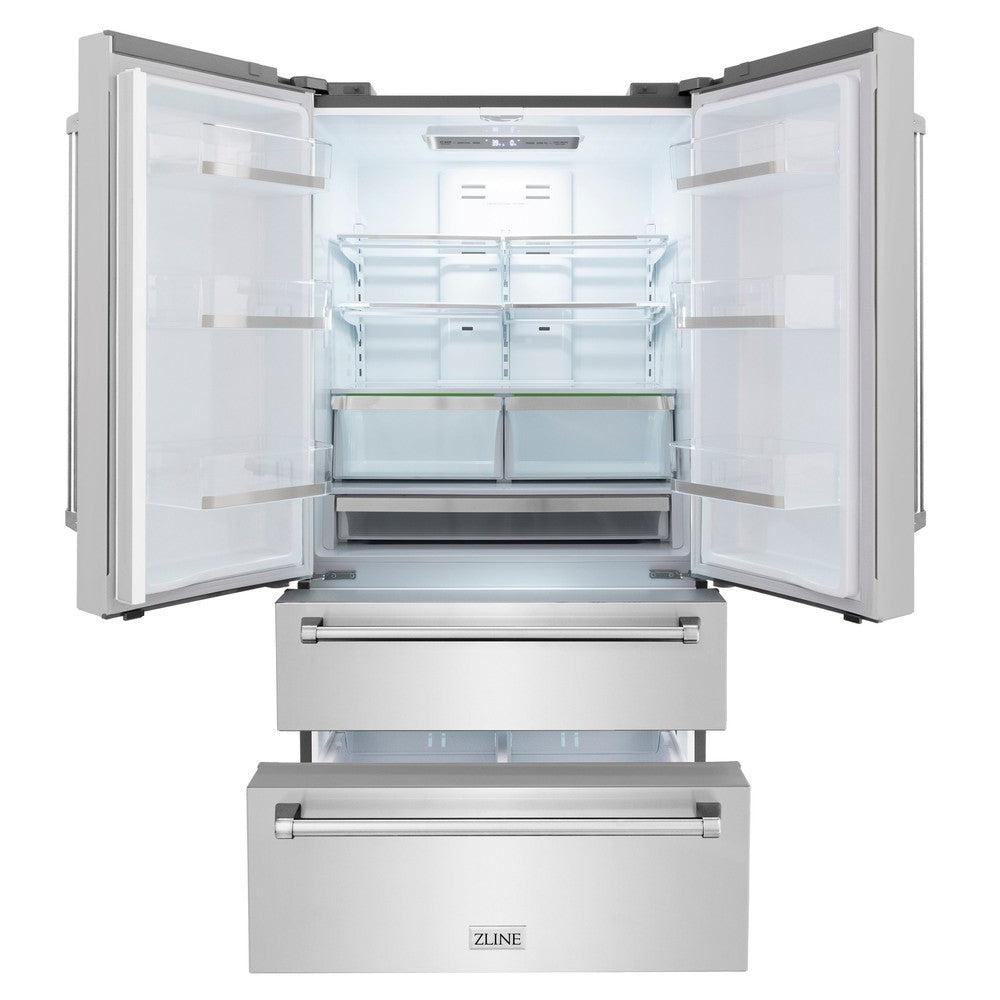 ZLINE Kitchen Package with Refrigerator, 36 in. Stainless Steel Dual Fuel Range, 36 in. Convertible Vent Range Hood, 24 in. Microwave Drawer, and 24 in. Tall Tub Dishwasher (5KPR-RARH36-MWDWV)