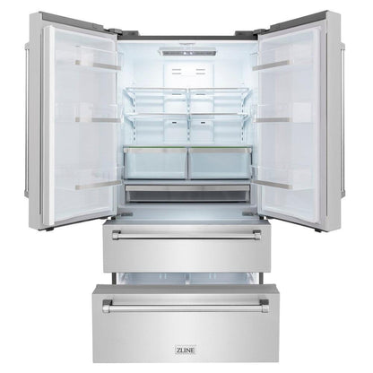 ZLINE Kitchen Package with Refrigerator, 36 in. Stainless Steel Dual Fuel Range, 36 in. Convertible Vent Range Hood, 24 in. Microwave Drawer, and 24 in. Tall Tub Dishwasher (5KPR-RARH36-MWDWV)