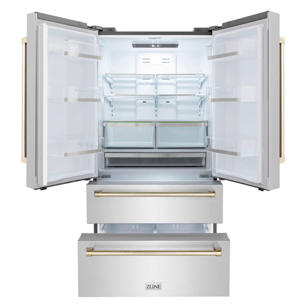 ZLINE Autograph Edition 48 in. Kitchen Package with Stainless Steel Dual Fuel Range, Range Hood, Dishwasher and Refrigerator with Polished Gold Accents (4KAPR-RARHDWM48-G)