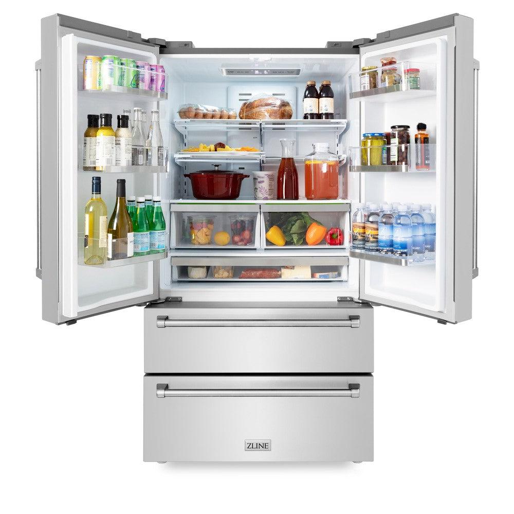 ZLINE Kitchen Package in Stainless Steel with 36 in. Gas Range, 36 in. Range Hood, 36 in. Refrigerator, 24 in. Microwave Drawer, and 24 in. Tall Tub Dishwasher (5KPR-SGRRH36-MWDWV)