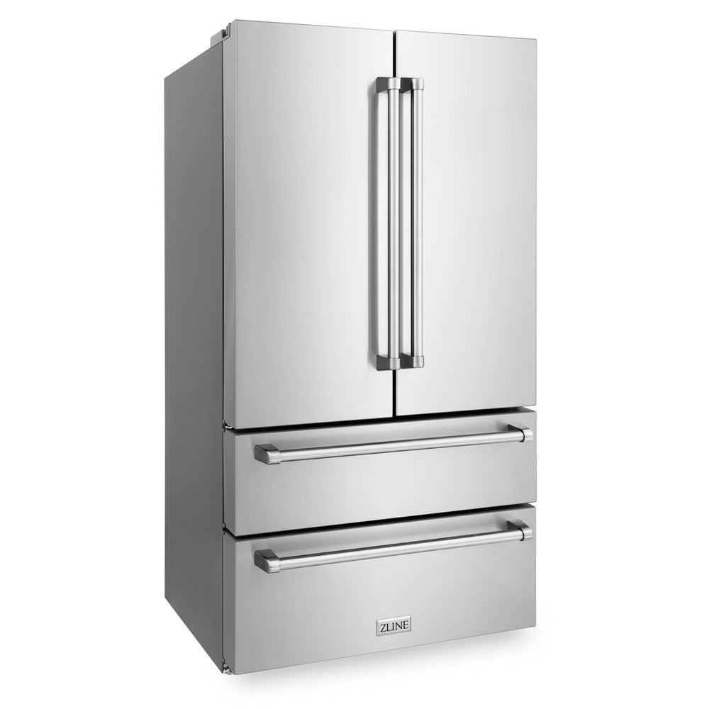 ZLINE Kitchen Package with Refrigerator, 36 in. Stainless Steel Gas Range, 36 in. Range Hood, Microwave Drawer, 24 in. Tall Tub Dishwasher and Wine Cooler (6KPR-SGRRH36-MWDWV-RWV)