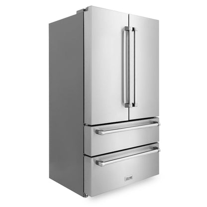 ZLINE Kitchen Package with Refrigerator, 48 in. Stainless Steel Dual Fuel Range, 48 in. Convertible Vent Range Hood, 24 in. Microwave Drawer, and 24 in. Tall Tub Dishwasher (5KPR-RARH48-MWDWV)