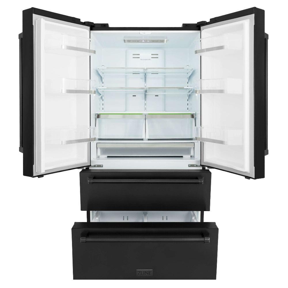 ZLINE Kitchen Package with Black Stainless Steel Refrigerator, 48 in. Dual Fuel Range, 48 in. Range Hood, Microwave Drawer, and 24 in. Tall Tub Dishwasher (5KPR-RABRH48-MWDWV)