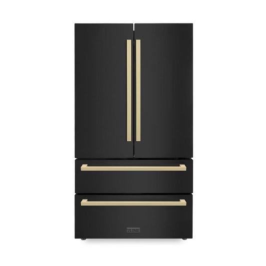 ZLINE Autograph Edition 36 in. 22.5 cu. ft. Counter-Depth French Door Refrigerator with Ice Maker in Fingerprint-Resistant Black Stainless Steel and Champagne Bronze Modern Handles (RFMZ-36-BS-FCB)