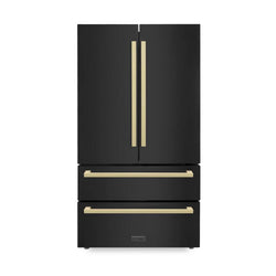ZLINE Autograph Edition 36 in. 22.5 cu. ft. Counter-Depth French Door Refrigerator with Ice Maker in Fingerprint-Resistant Black Stainless Steel and Champagne Bronze Modern Handles (RFMZ-36-BS-FCB)
