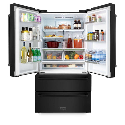 ZLINE Kitchen Package with Black Stainless Steel Refrigerator, 48 in. Dual Fuel Range, 48 in. Range Hood, Microwave Drawer, and 24 in. Tall Tub Dishwasher (5KPR-RABRH48-MWDWV)