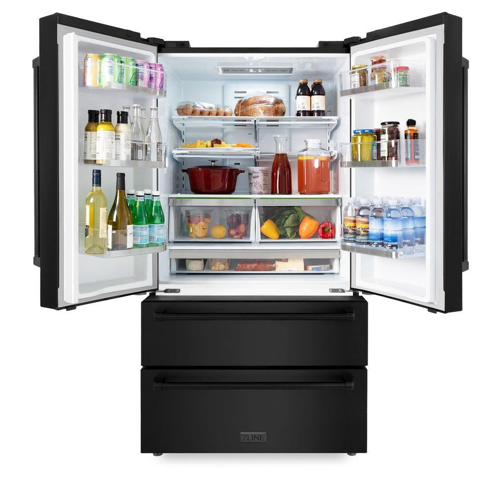 ZLINE Kitchen Package with Black Stainless Steel Refrigerator, 36 in. Dual Fuel Range, 36 in. Range Hood, Microwave Drawer, and 24 in. Tall Tub Dishwasher (5KPR-RABRH36-MWDWV)