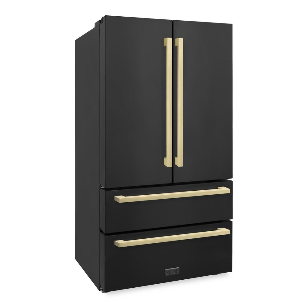ZLINE Autograph Edition 36 in. 22.5 cu. ft. Counter-Depth French Door Refrigerator with Ice Maker in Fingerprint-Resistant Black Stainless Steel and Champagne Bronze Modern Handles (RFMZ-36-BS-FCB)