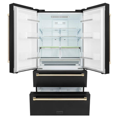 ZLINE Autograph Edition 36 in. Kitchen Package with Black Stainless Steel Dual Fuel Range, Range Hood, Dishwasher and Refrigerator with Polished Gold Accents (4AKPR-RABRHDWV36-G)