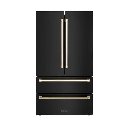 ZLINE Autograph Edition 48 in. Kitchen Package with Black Stainless Steel Dual Fuel Range, Range Hood, Dishwasher and Refrigerator Including External Water Dispenser with Polished Gold Accents (4AKPR-RABRHDWV48-G)