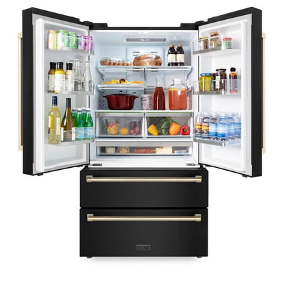 ZLINE Autograph Edition 36 in. Kitchen Package with Black Stainless Steel Dual Fuel Range, Range Hood, Dishwasher and Refrigerator with Polished Gold Accents (4AKPR-RABRHDWV36-G)