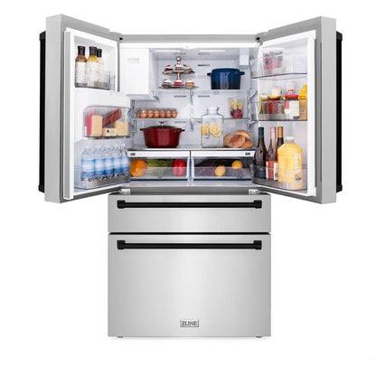 ZLINE Autograph Edition 36 in. Kitchen Package with Stainless Steel Dual Fuel Range, Range Hood, Dishwasher and Refrigerator Including External Water Dispenser with Matte Black Accents (4AKPR-RARHDWM36-MB)