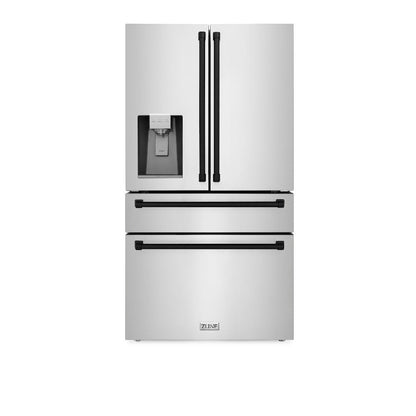 ZLINE Autograph Edition 36 in. Kitchen Package with Stainless Steel Dual Fuel Range, Range Hood, Dishwasher and Refrigerator Including External Water Dispenser with Matte Black Accents (4AKPR-RARHDWM36-MB)