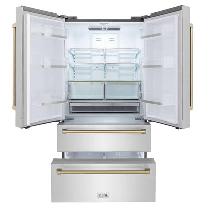 ZLINE Autograph Edition 30 in. Kitchen Package with Stainless Steel Dual Fuel Range, Range Hood, Dishwasher and Refrigerator with Champagne Bronze Accents (4KAPR-RARHDWM30-CB)