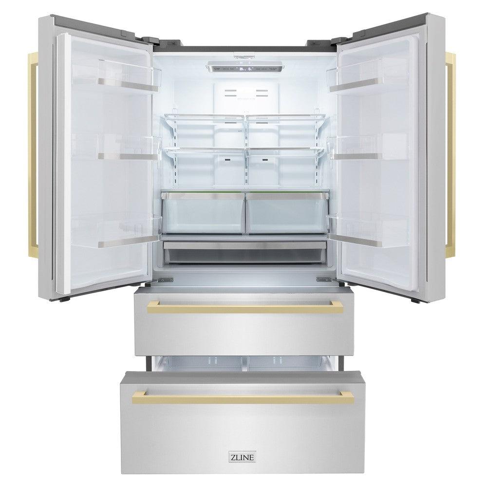 ZLINE Autograph Edition 36 in. 22.5 cu. ft. Counter-Depth French Door Refrigerator with Ice Maker in Fingerprint-Resistant Stainless Steel with Champagne Bronze Modern Handles (RFMZ-36-FCB)