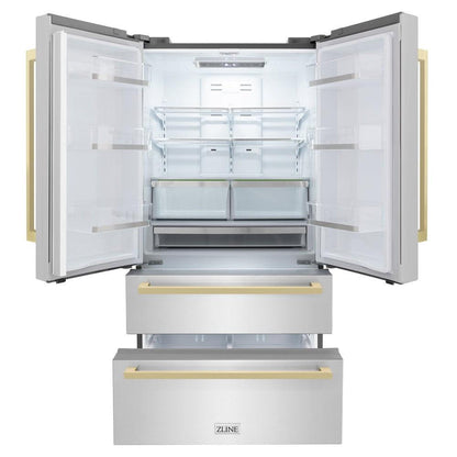 ZLINE Autograph Edition 36 in. 22.5 cu. ft. Counter-Depth French Door Refrigerator with Ice Maker in Fingerprint-Resistant Stainless Steel with Champagne Bronze Modern Handles (RFMZ-36-FCB)