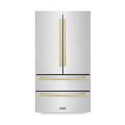 ZLINE Autograph Edition 36 in. 22.5 cu. ft. Counter-Depth French Door Refrigerator with Ice Maker in Fingerprint-Resistant Stainless Steel with Champagne Bronze Modern Handles (RFMZ-36-FCB)
