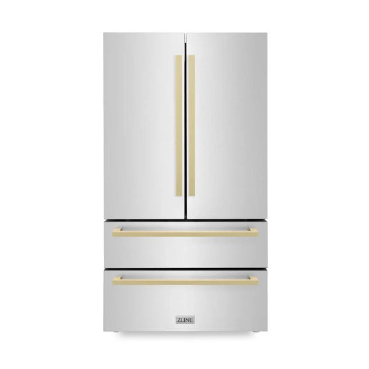 ZLINE Autograph Edition 36 in. 22.5 cu. ft. Counter-Depth French Door Refrigerator with Ice Maker in Fingerprint-Resistant Stainless Steel with Champagne Bronze Modern Handles (RFMZ-36-FCB)