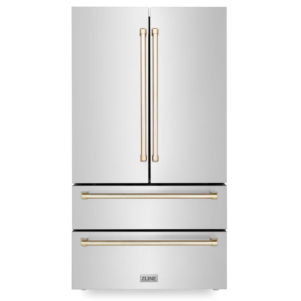 ZLINE Autograph Edition 36 in. Kitchen Package with Stainless Steel Dual Fuel Range, Range Hood, Dishwasher and Refrigerator with Polished Gold Accents (4KAPR-RARHDWM36-G)