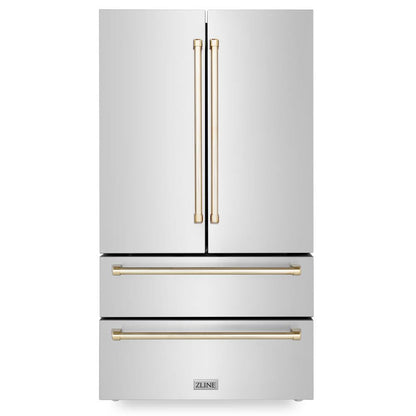 ZLINE Autograph Edition 36 in. Kitchen Package with Stainless Steel Dual Fuel Range, Range Hood, Dishwasher and Refrigerator with Polished Gold Accents (4KAPR-RARHDWM36-G)