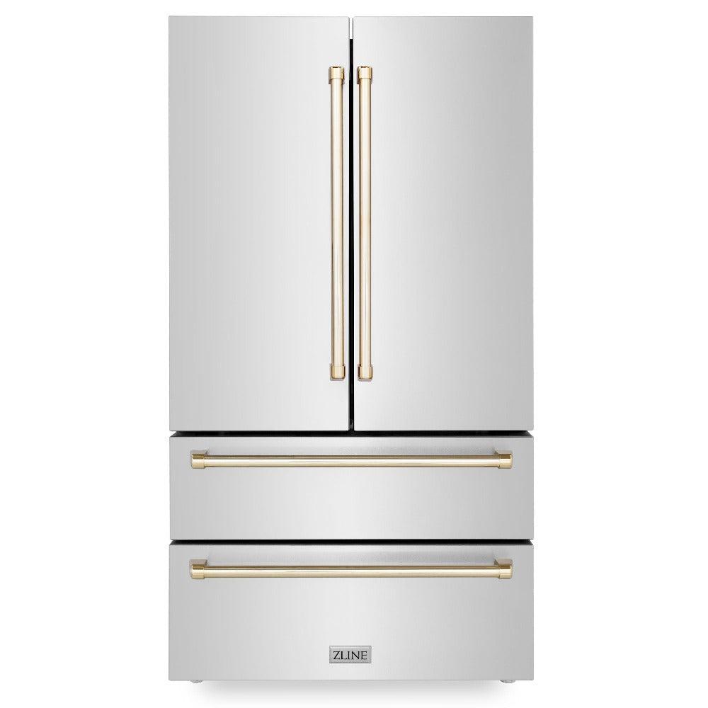 ZLINE Autograph Edition 48 in. Kitchen Package with Stainless Steel Dual Fuel Range, Range Hood, Dishwasher and Refrigerator with Polished Gold Accents (4KAPR-RARHDWM48-G)