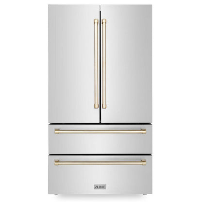 ZLINE Autograph Edition 48 in. Kitchen Package with Stainless Steel Dual Fuel Range, Range Hood, Dishwasher and Refrigerator with Polished Gold Accents (4KAPR-RARHDWM48-G)