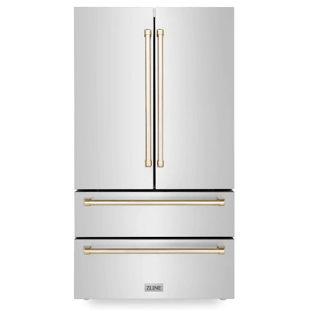 ZLINE Autograph Edition 36 in. 22.5 cu. ft. Counter-Depth French Door Refrigerator with Ice Maker in Fingerprint-Resistant Stainless Steel with Polished Gold Traditional Handles (RFMZ-36-G)