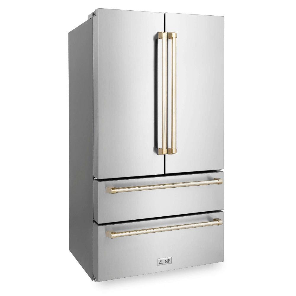 ZLINE Autograph Edition 36 in. 22.5 cu. ft. Counter-Depth French Door Refrigerator with Ice Maker in Fingerprint-Resistant Stainless Steel with Polished Gold Traditional Handles (RFMZ-36-G)