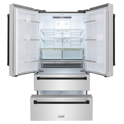 ZLINE Autograph Edition 36 in. Kitchen Package with Stainless Steel Dual Fuel Range, Range Hood, Dishwasher and Refrigerator with Matte Black Accents (4KAPR-RARHDWM36-MB)